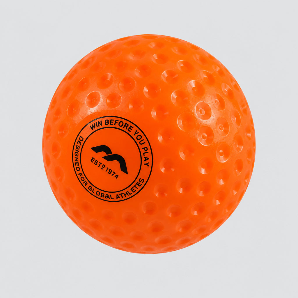 Orange sports ball with a black logo on a light gray background