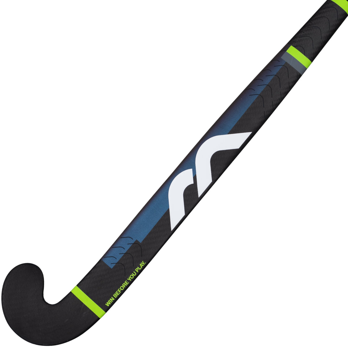 Field Hockey stick with black, blue, and green design on a white background