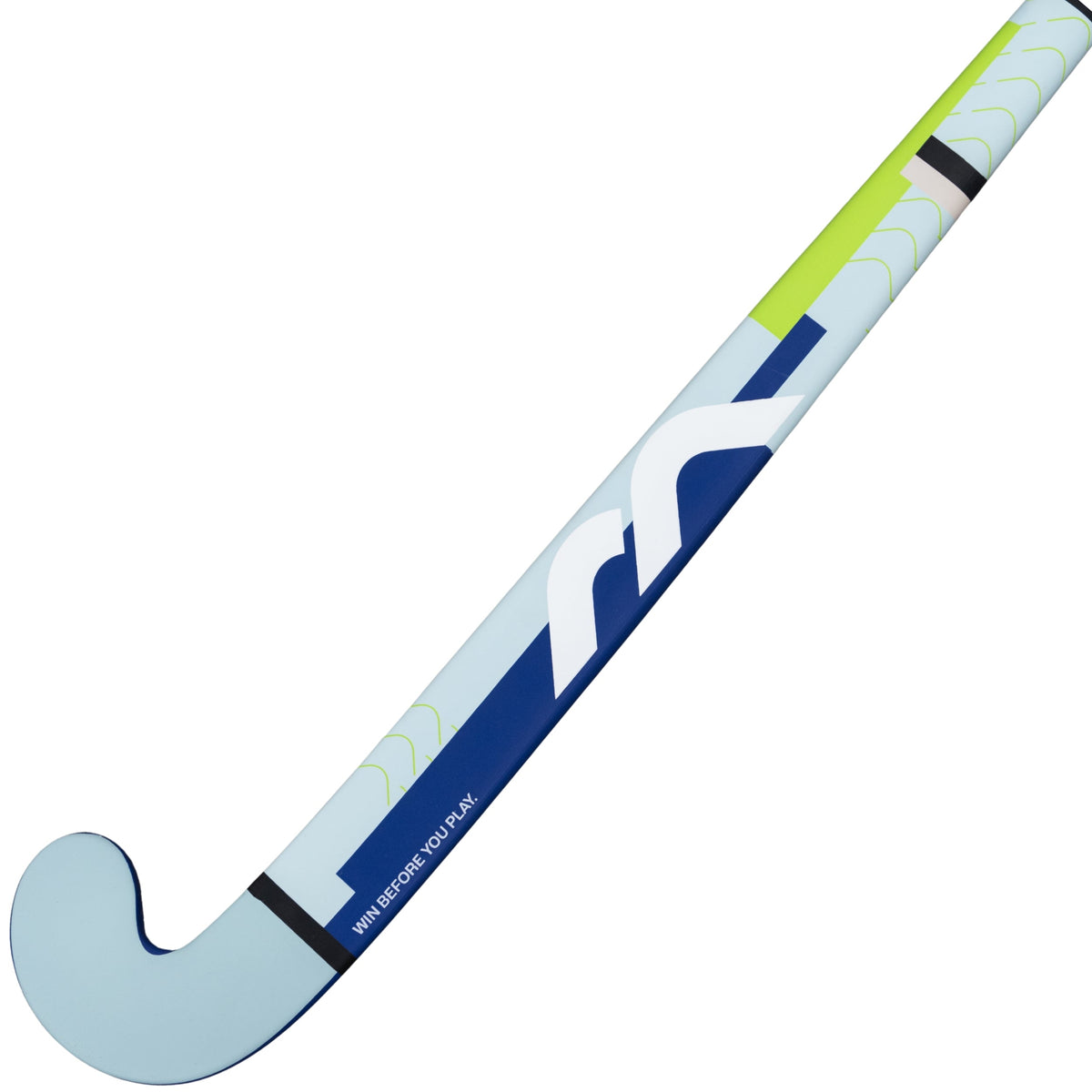 Hockey stick with blue and white design on a white background