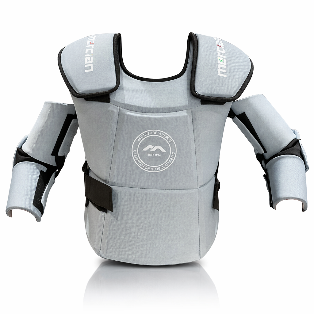 Gray protective chest and shoulder pad with Mercian logo on a white background