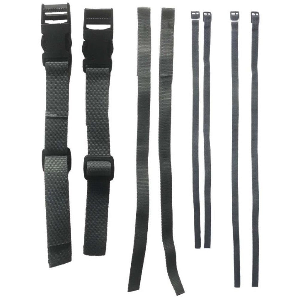 Set of grey field hockey kickers straps with buckles on a white background