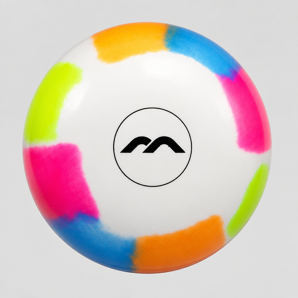 A white field hockey ball with vibrant, irregularly shaped patches of neon pink, orange, blue, and lime green, featuring a black circular logo with two stylized arches in the center, set against a solid light gray background.