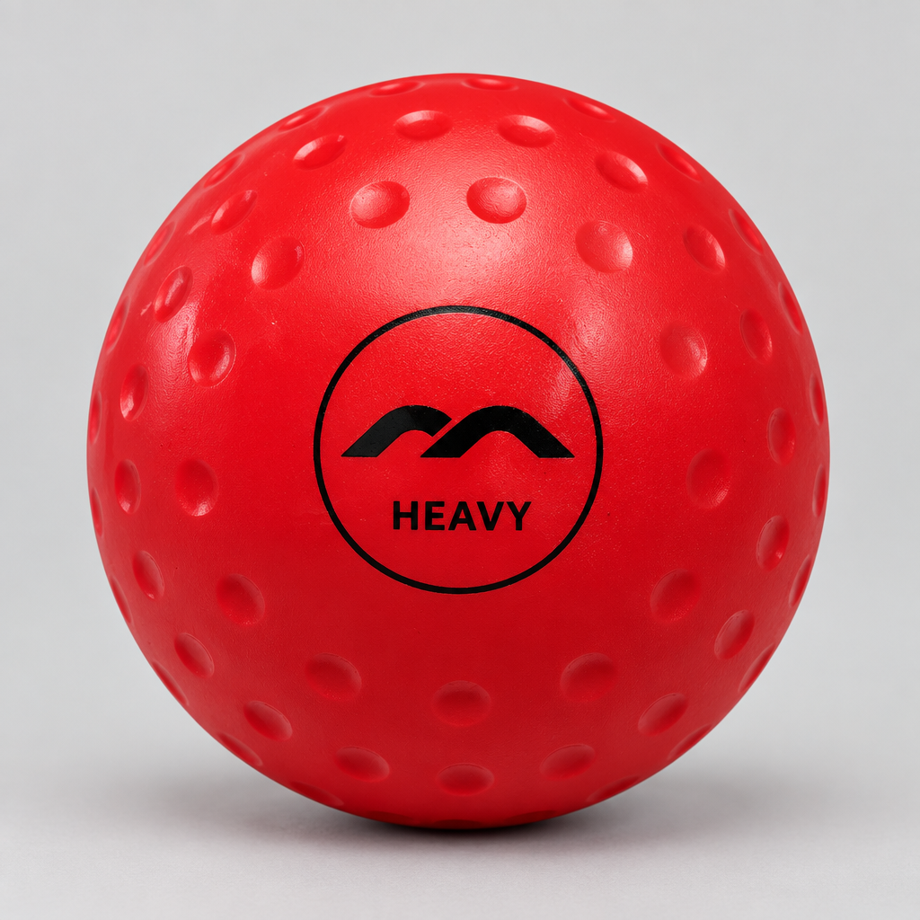 A red dimpled field hockey ball with a black circular logo and the word 'HEAVY' in the center, photographed on a neutral light gray background.