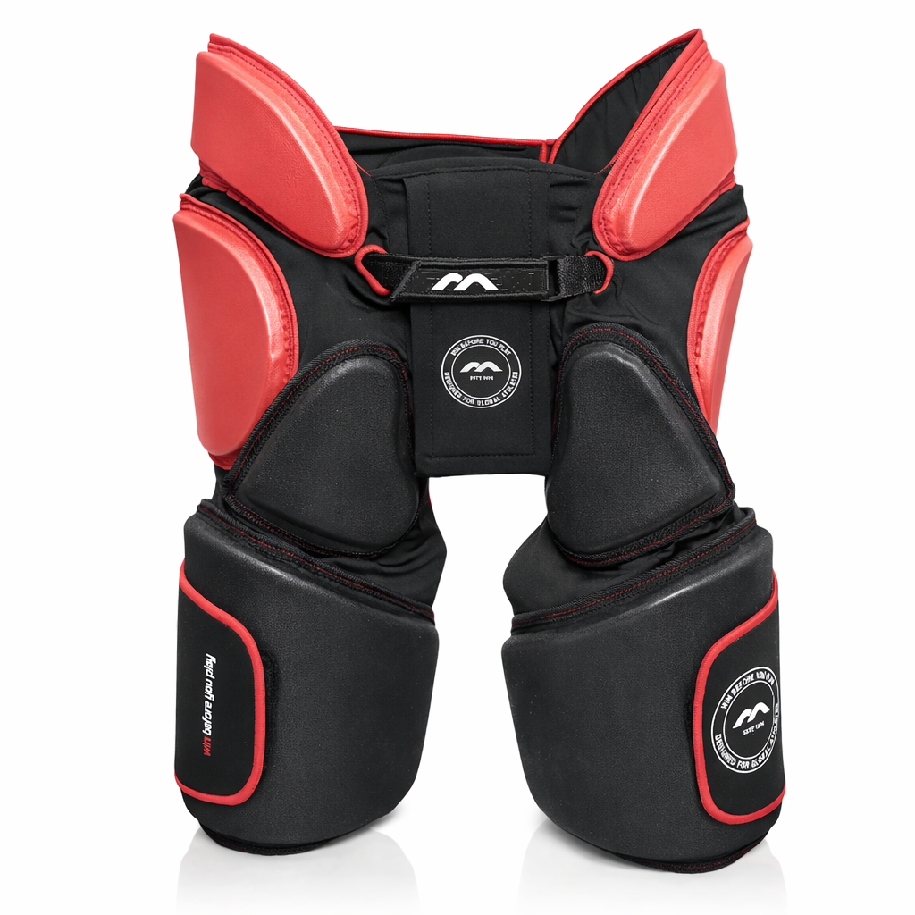 Black and red protective gear with a Mercian logo on a white background