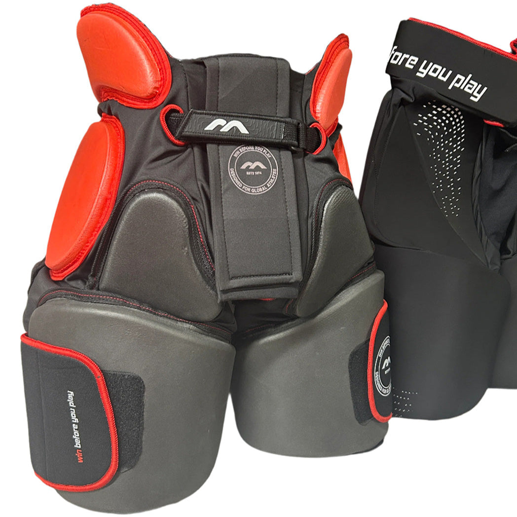 Black and red protective gear with branding on a white background