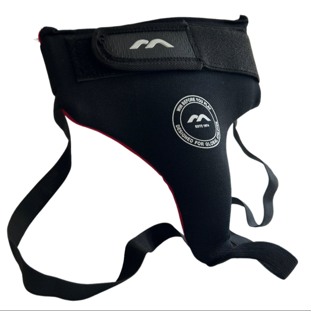 Black protective gear with straps on a white background