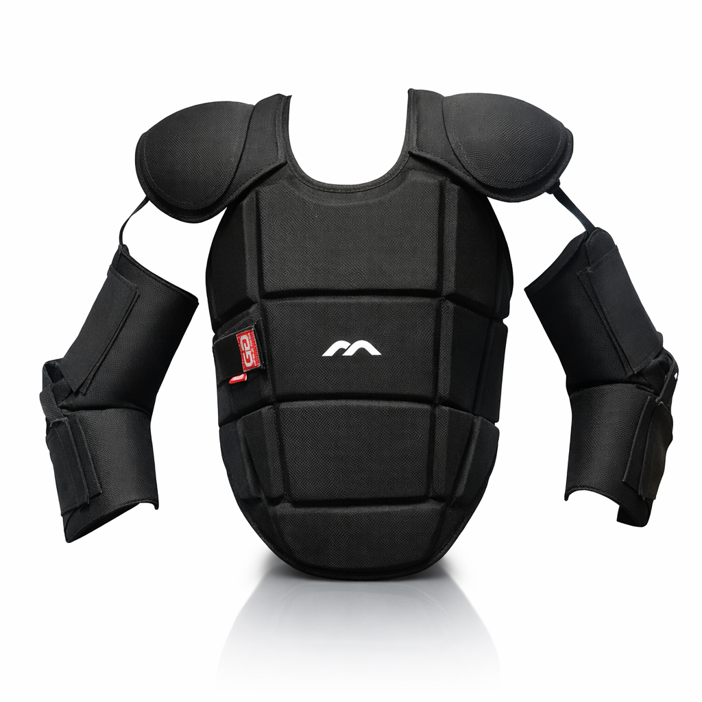 Black protective chest and shoulder pad with a Mercian brand logo on a white background