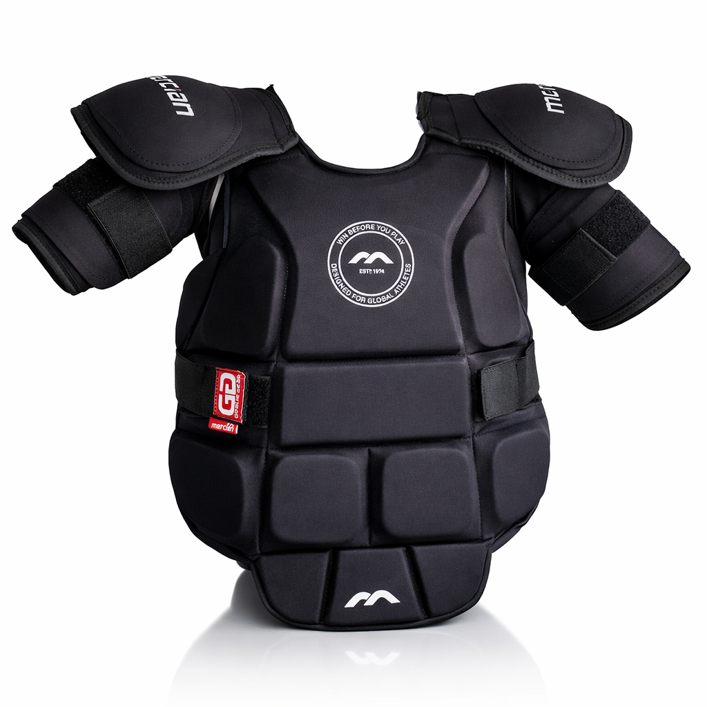 Black protective chest and shoulder pad with Mercian logos on a white background