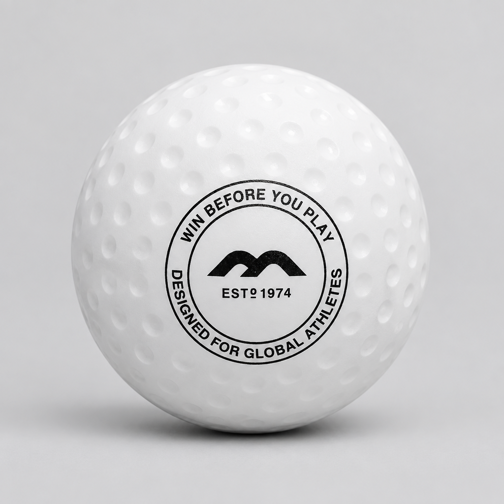 A white field hockey ball with a black circular logo printed on the front, set against a clean light gray background.