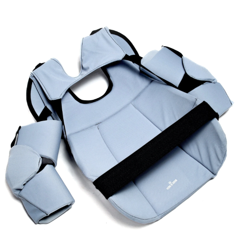 Light blue protective vest with black straps on a white background
