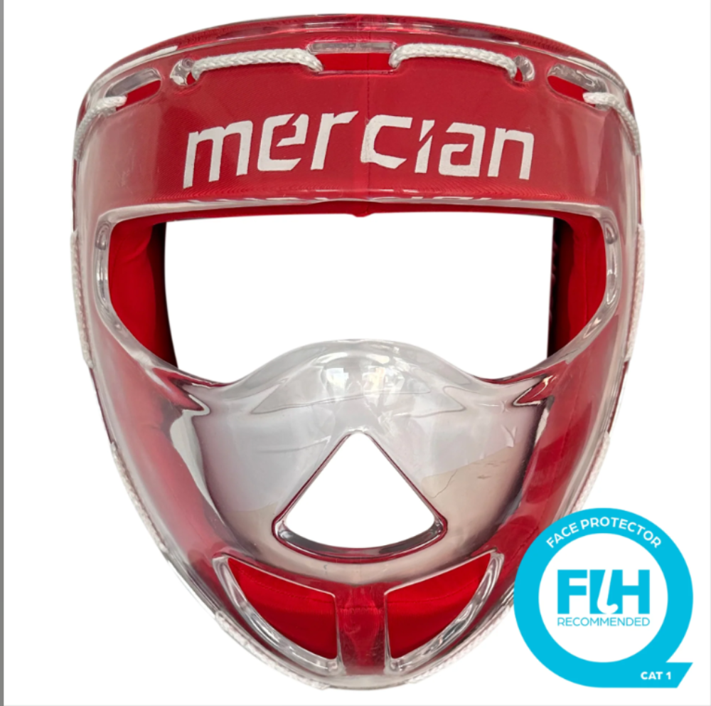Red face protector with clear visor and 'mercian' branding on a white background