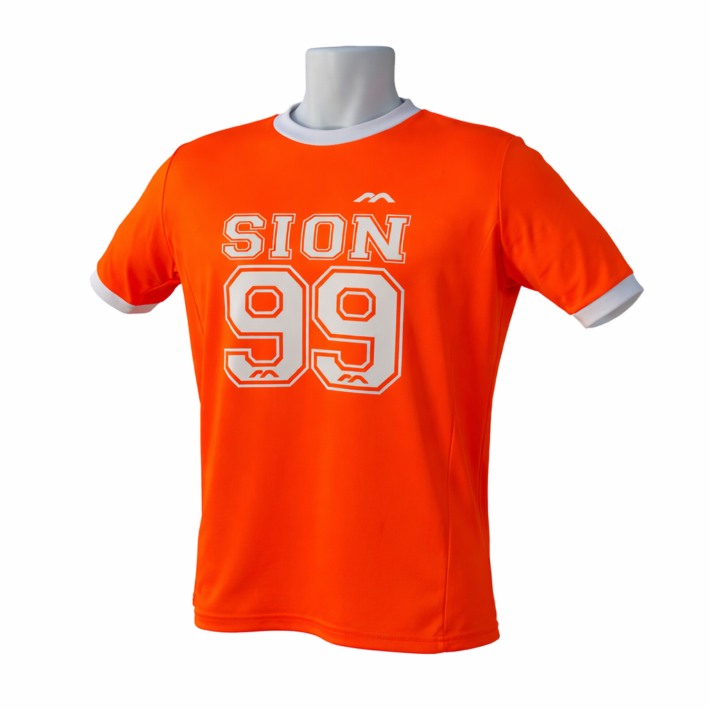 Orange t-shirt with 'SION 99' printed on it displayed on a mannequin against a white background.