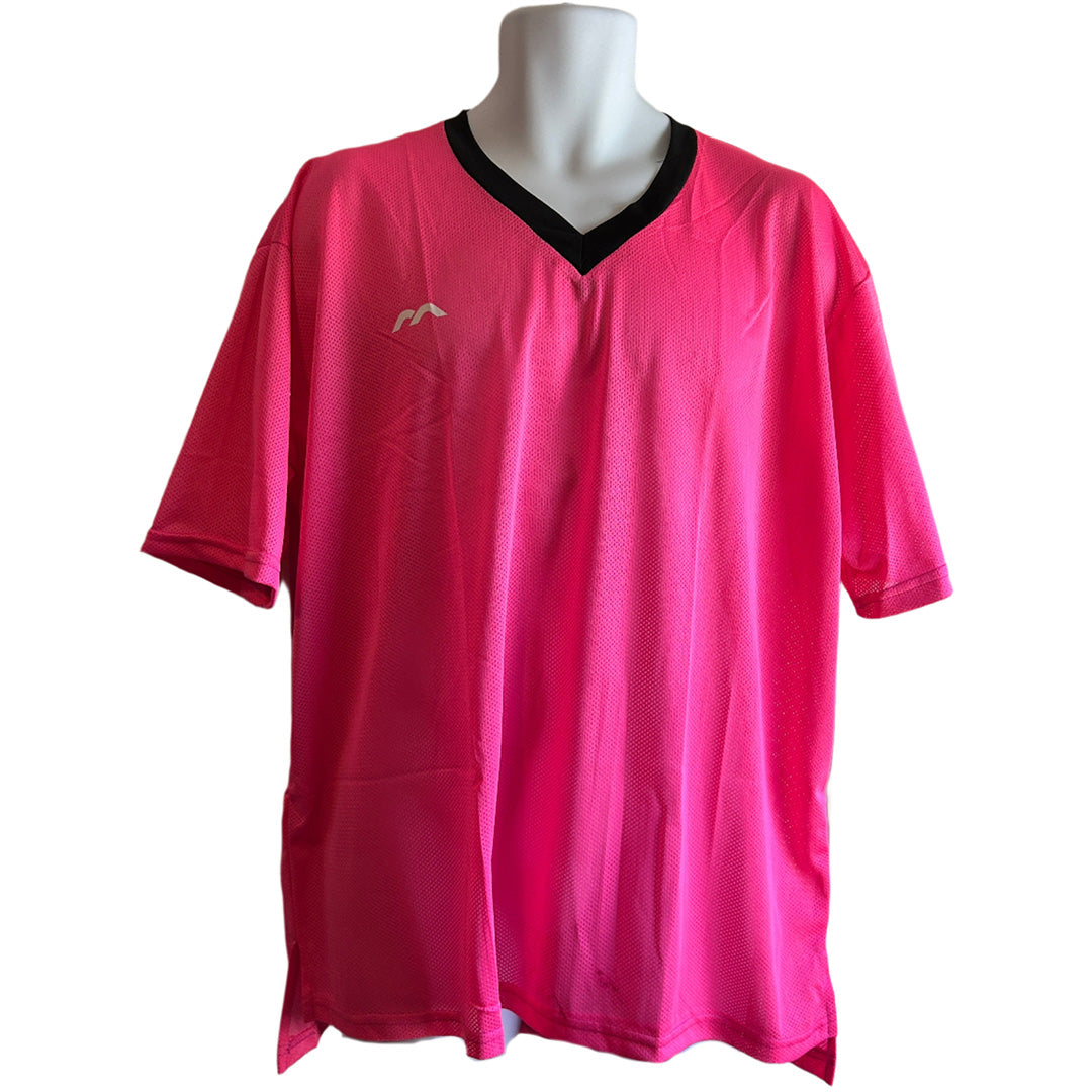 Pink sports jersey with black neckline on a mannequin against a white background
