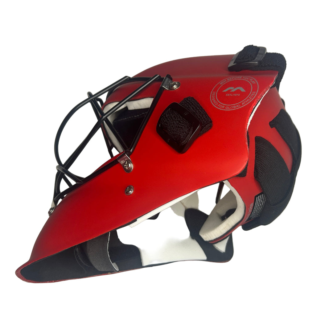 Red and black helmet with a visible brand logo on a white background