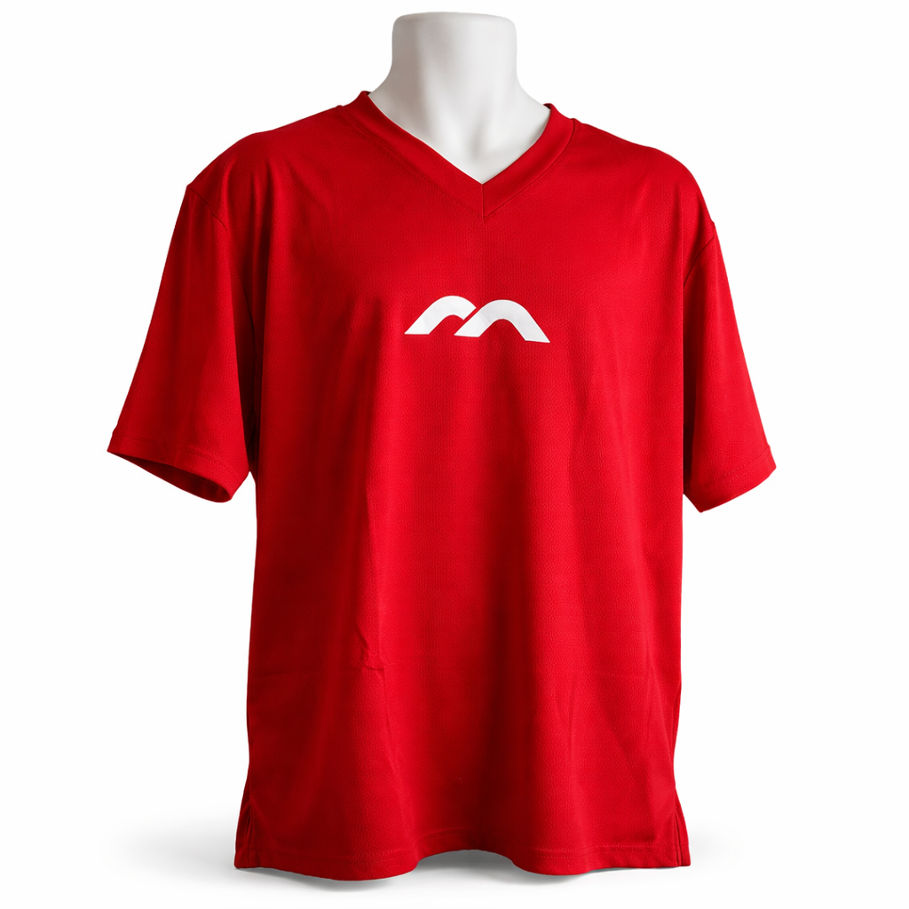 Red t-shirt with a white logo on a mannequin against a white background