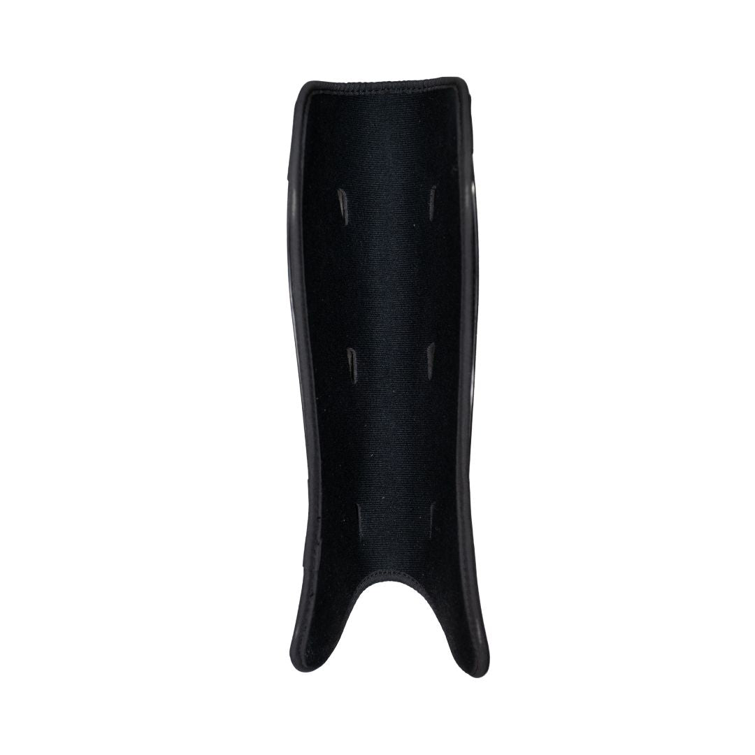 Mercian SGGE26WHT white hockey shin guards rear view showing ergonomic curved profile, ventilation slots and streamlined lower-leg protection system.