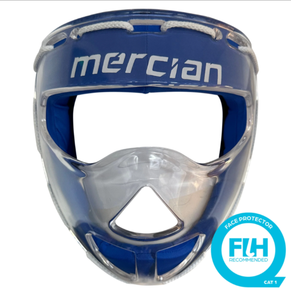 Blue and clear face protector with 'mercian' branding and FIH certification logo on a white background