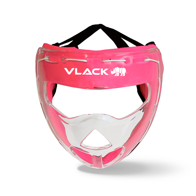 Pink and clear face guard with 'VLACK' branding on a white background