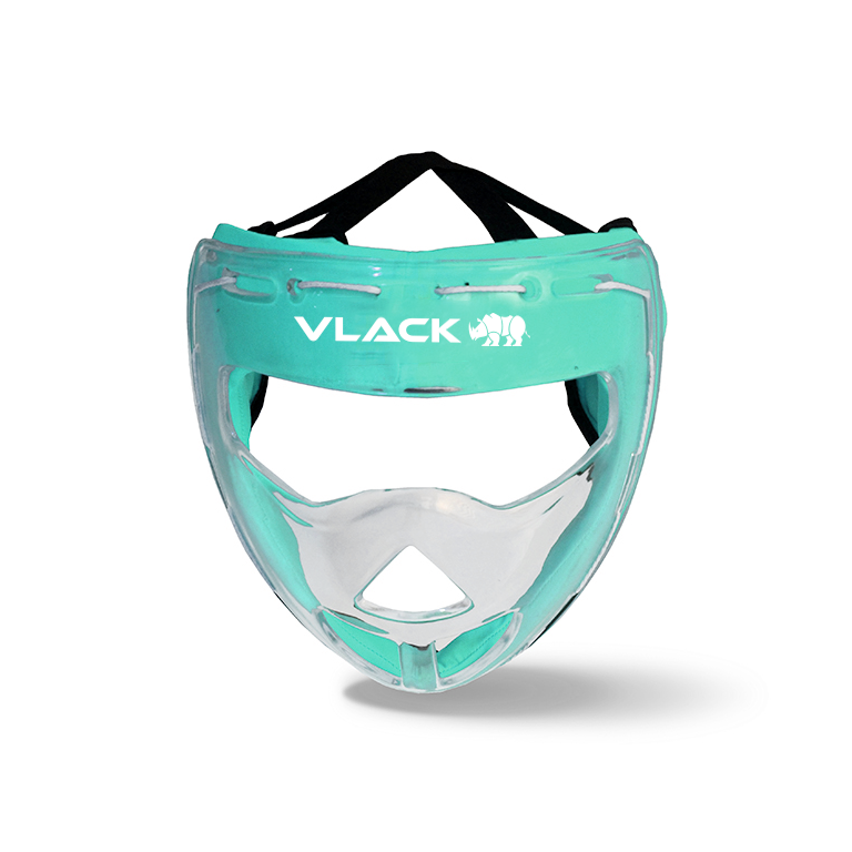Turquoise mouthguard with clear face guard on a white background, featuring the Vlack brand.