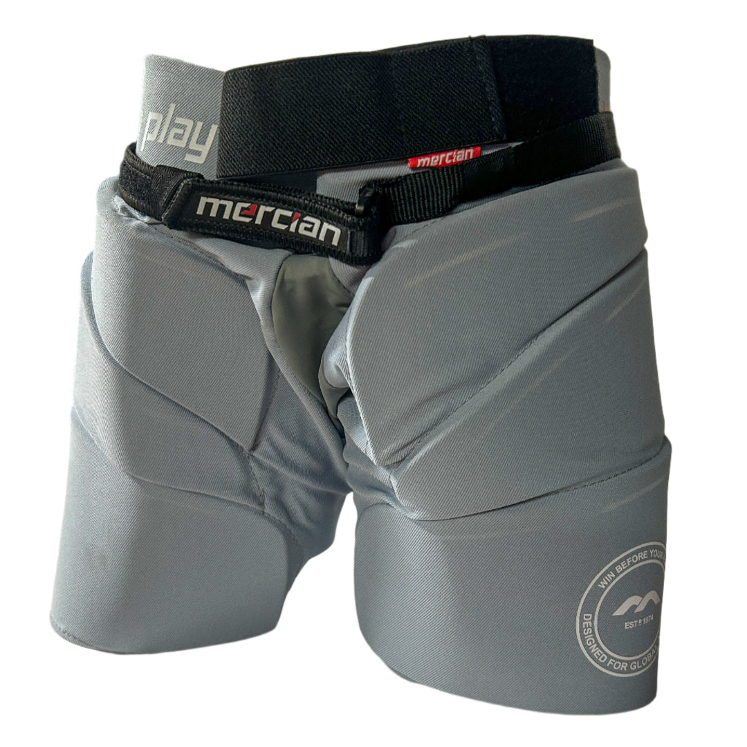Gray protective gear with 'mercian' branding on a white surface