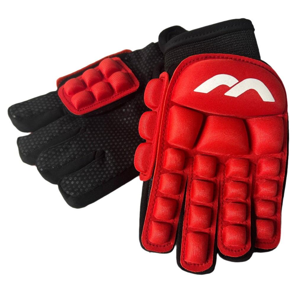 Red and black protective gloves with a brand logo on a white background