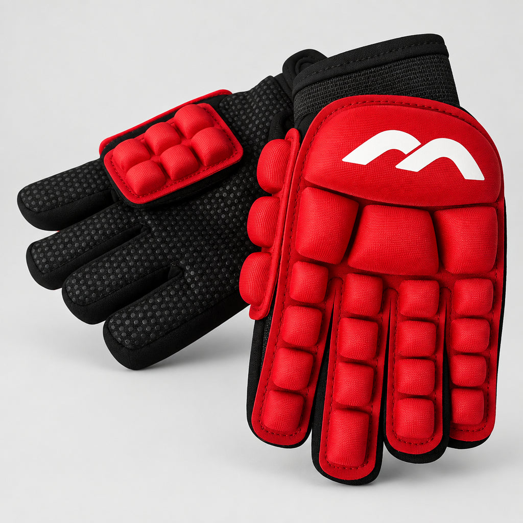 Red and black protective gloves with a brand logo on a white background