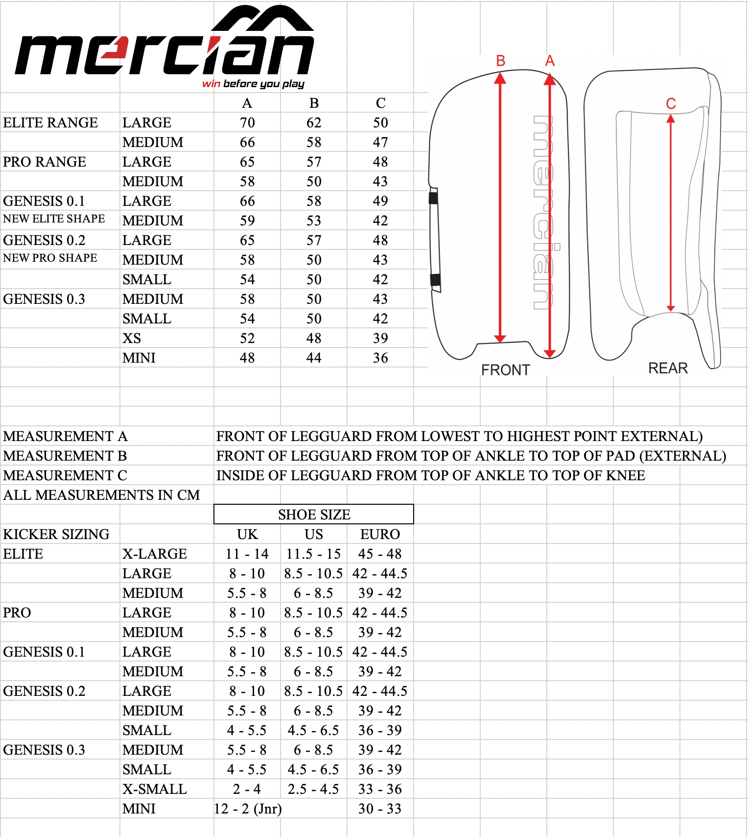 Mercian Goalkeeper Sizing Chart