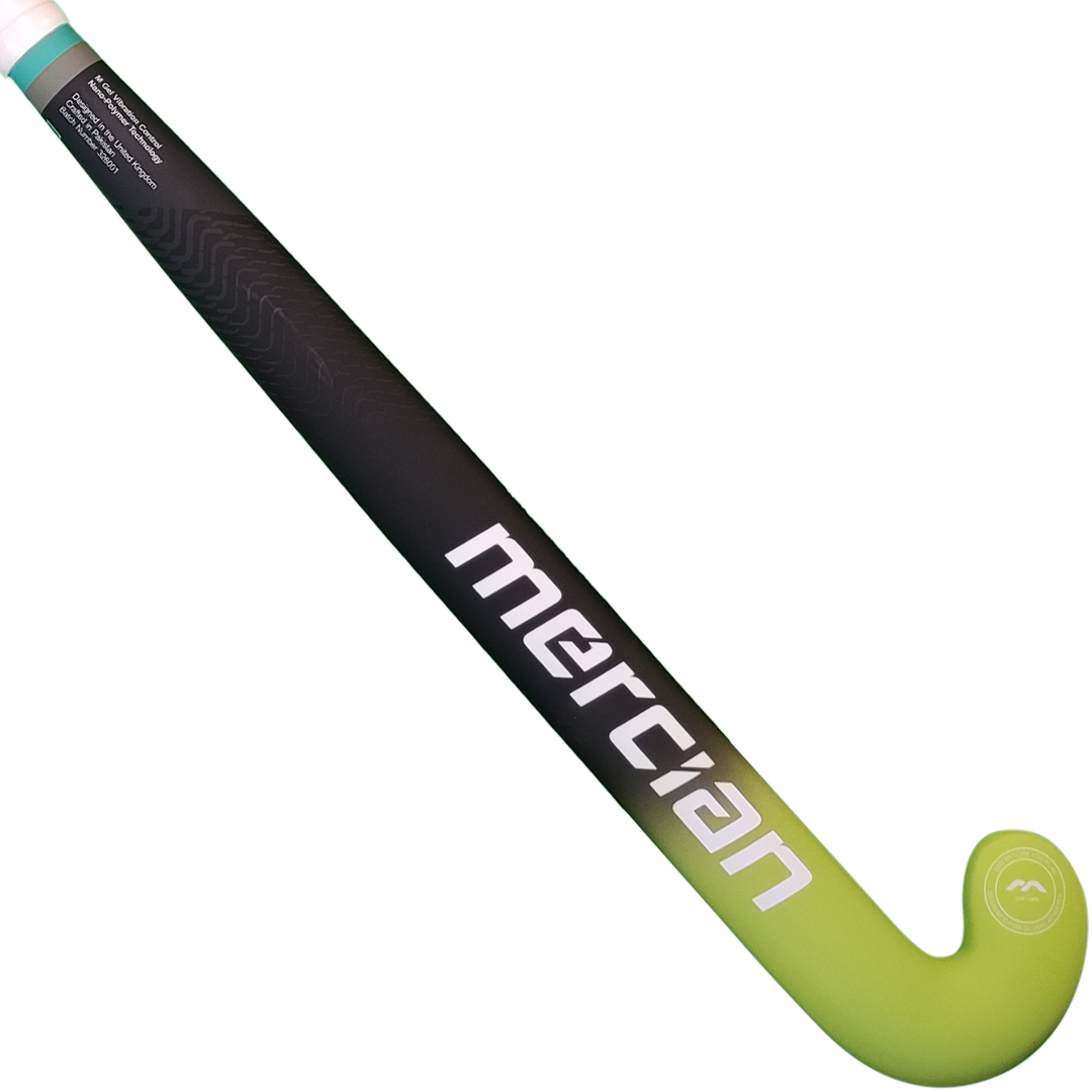 A field hockey stick with a black handle and green shaft, branded with 'Mercian' on the shaft.