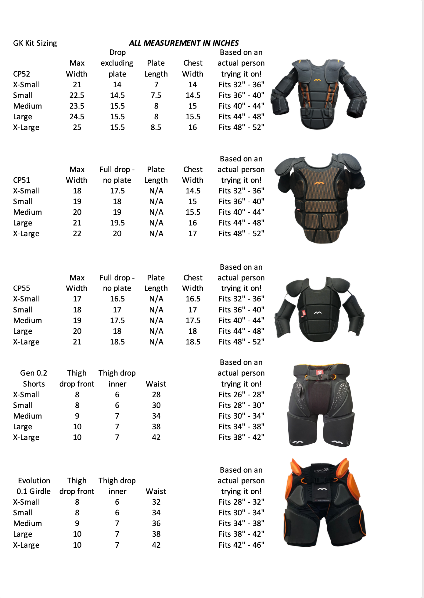 Mercian GK Sizing Chart